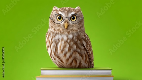 Wallpaper Mural Realistic Owl Wearing Reading Glasses Perched on a Stack of Books Against a Vibrant Green Background Torontodigital.ca