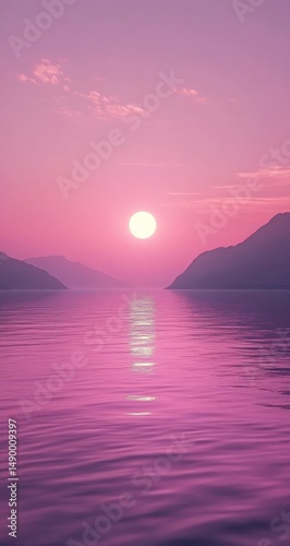Wallpaper Mural Sunset over a tranquil, pink-toned lake.  Mountains fade into the soft, pastel sky.  A large, bright sun is reflected on the water's surface Torontodigital.ca