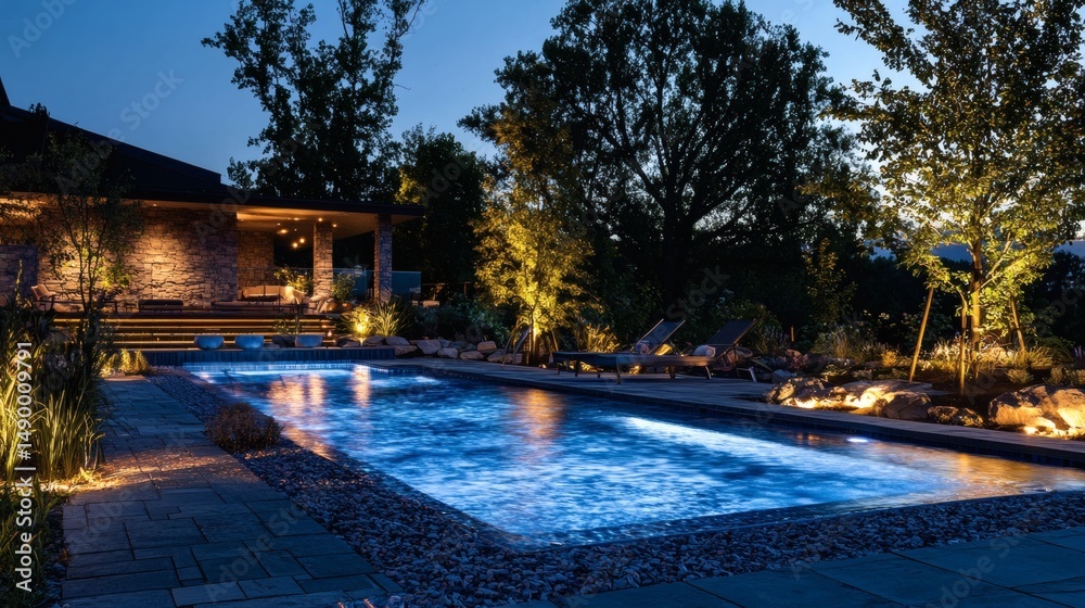 Fototapeta premium 108. Pool area lit by warm pool lights and moonlight