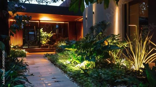 107. Landscape lighting with warm uplights on plants, seen from indoors with room light