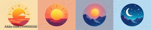 Set of minimalist icons depicting different times of the day including sunrise, noon, sunset, and midnight, hour, daytime