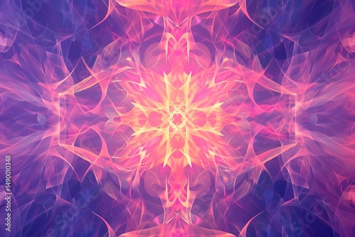 Abstract Pink and Purple Flowing Energy Forms Create a Symmetrical Mandala Design with Intricate Details and Vibrant Hues, Evoking Feelings of Serenity and Wonder.