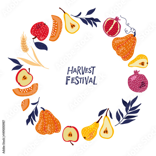Round border wreath with fruits, vegetables and leaves. Harvest frame with organic farm food. Hand drawn vector illustration for Menu, packaging, advertising. Circle frame, Harvest background.
