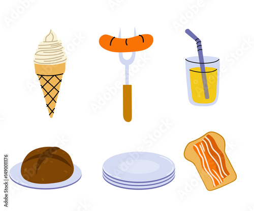 Variety of delicious foods and beverages displayed on a simple background