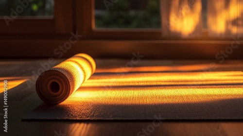 145. Yoga mat rolled out in a quiet corner, lit by warm indirect light and soft natural light