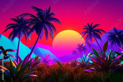 Vibrant sunset landscape with palm trees and colorful tropical plants in