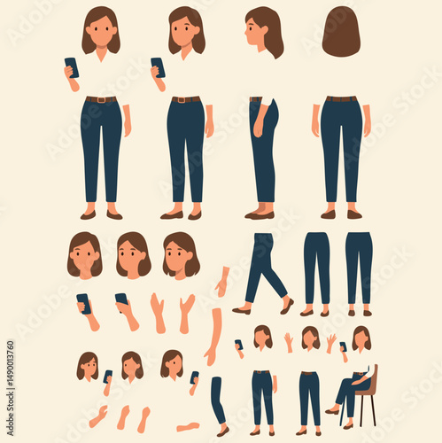 A female nurse character creator kit with multiple poses, facial expressions, and accessories. Includes front, side, and back views of a nurse in uniform, different hand and leg positions, medical too