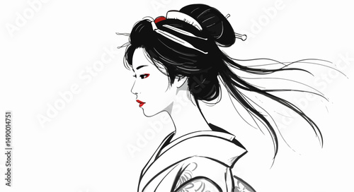 A delicate portrait of a geisha in side profile, showcasing flowing hair, kimono detail, and calm expression. Painted in soft yet expressive brush lines.
