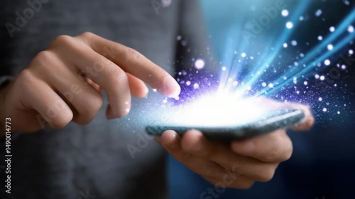 Person interacting with smartphone, showcasing digital effects and modern technology.