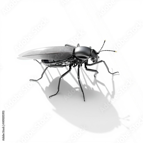 Mechanical Insect on White Background Flying Metallic Sci Fi Technological Bug