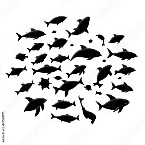 Black silhouettes of sea animals including sharks dolphins turtles fish on