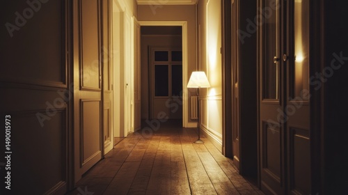 Mysterious Hallway: A dimly lit corridor with antique doors, wooden floors, and a single lamp casting a warm glow, creating an atmosphere of quiet solitude and intrigue.
