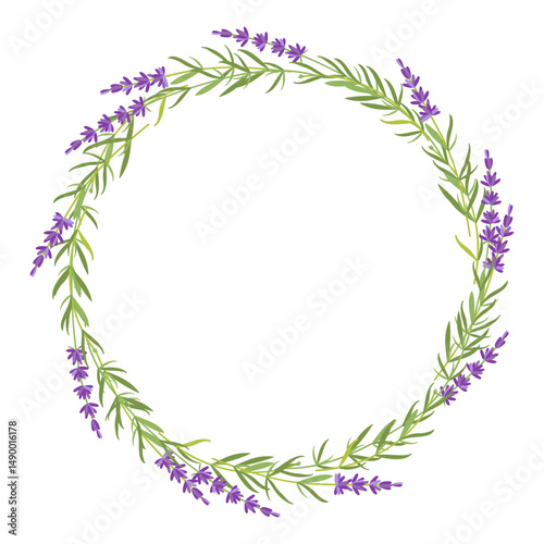 Lavender flowers frame. Circle Lavender wreath. Vector flat grass lavender Illustration. Lavender flowers border for save date, inscriptions, print for birthday, wedding Invitation, congratulation
