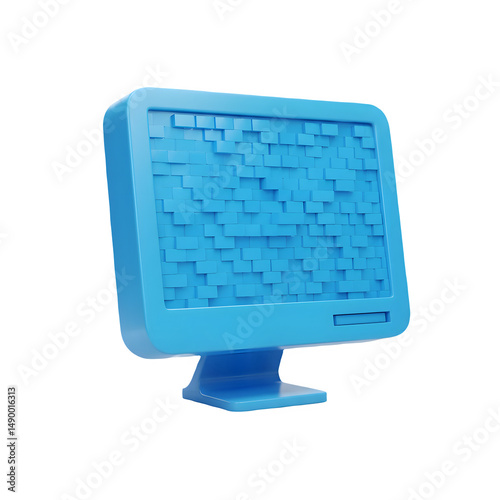 Abstract blue computer monitor with pixelated screen. Digital art, technology concept. 3D icon, plastic illustration style on transparent or white background