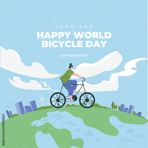 Blue and Green Cycling Illustration World Bicycle Day Instagram Post