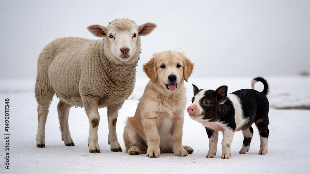 Obraz premium Cute farm animals gathered together on a snowy landscape during winter