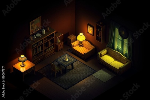 Cozy dimly lit sitting room with vintage furniture and warm lighting