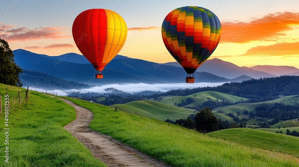 Obraz premium Two Colorful Hot Air Balloons Soaring Over Misty Green Hills at