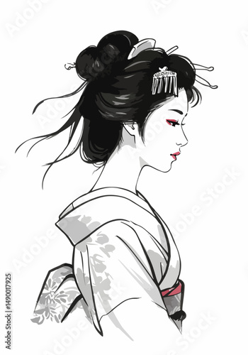 A delicate portrait of a geisha in side profile, showcasing flowing hair, kimono detail, and calm expression. Painted in soft yet expressive brush lines.