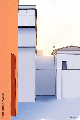 Modern architecture courtyard clean minimalistic simple geometry sunset light shadows pastel