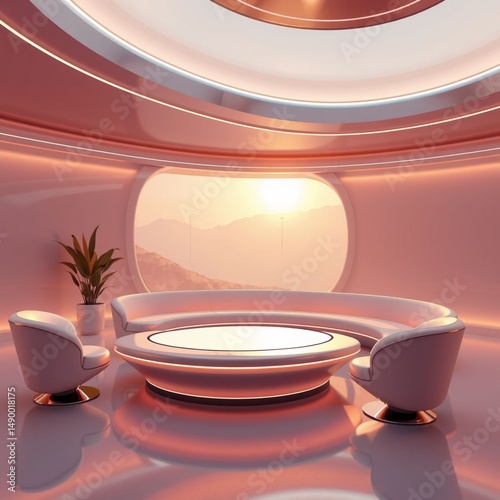 Futuristic cozy living room with panoramic sunset window seating and modern