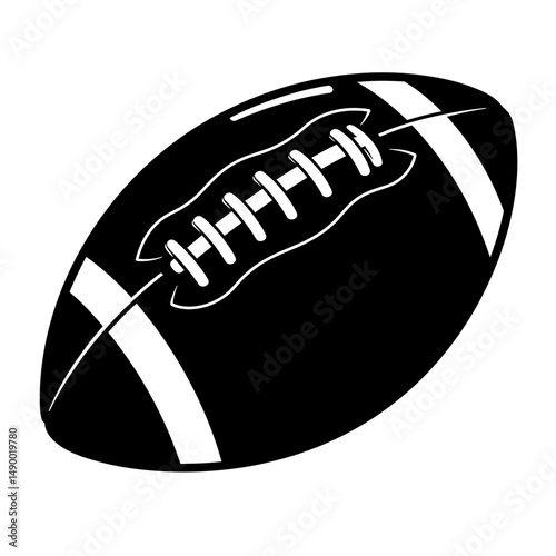 A black and white graphic illustration of an american football with laces and stripes on a white background