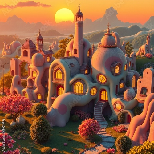 Fantasy village at sunset with whimsical architecture and vibrant trees