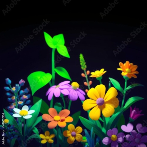 Colorful flowers in bloom with green leaves against a dark background