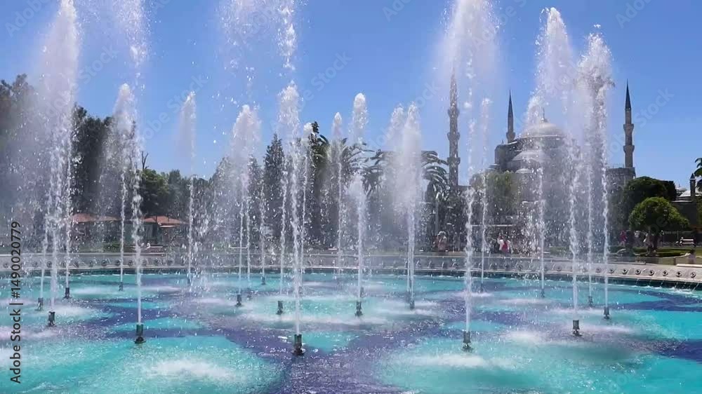 Fatih, Istanbul 15.05.2025: a magnificent video of the historical Sultanahmet Mosque and the fountain in front of it. Vertical video. Newest.