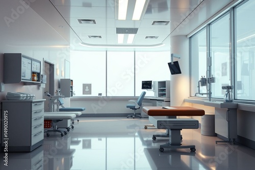 Modern medical examination room with equipment and bright natural light