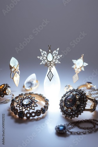 Elegant vintage jewelry with gold rings and unique stone pendants displayed