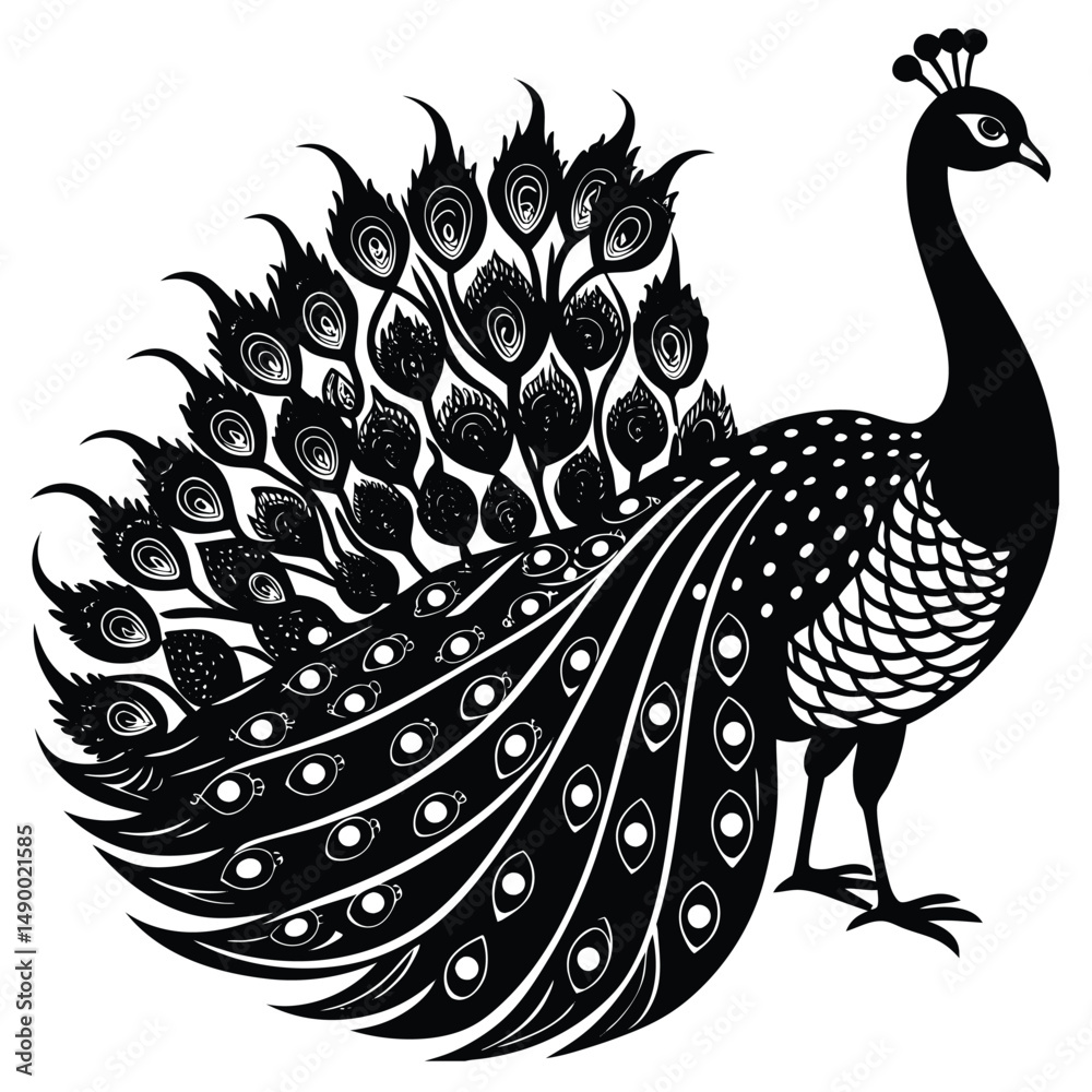 Fototapeta premium An illustration of a peacock, featuring an intricately patterned tail adorned with eye-like designs. It stands elegantly with its neck elongated and crowned, showcasing feathers on its body and tail.