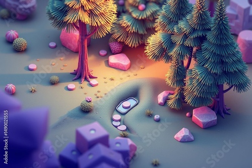 Miniature forest 3D landscape with stylized trees stones and small round
