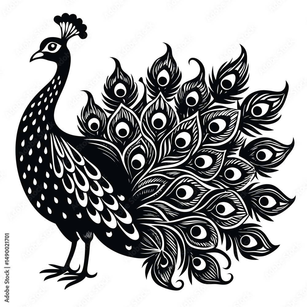 Fototapeta premium An illustration of a peacock, featuring an intricately patterned tail adorned with eye-like designs. It stands elegantly with its neck elongated and crowned, showcasing feathers on its body and tail.