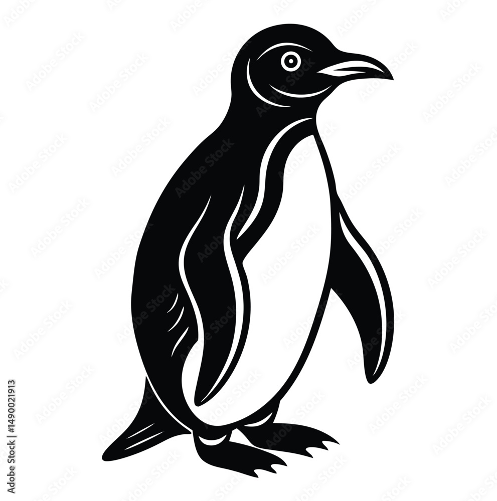 Naklejka premium An illustration of a penguin standing upright. It features a sleek black body with a prominent white belly and a simple, stylized face. It has a rounded head with a small eye and beak.