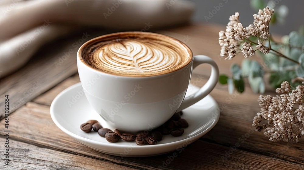 Fototapeta premium Coffee art latte with cappuccino swirl and wooden table concept. A beautifully crafted cup of coffee with latte art and beans.