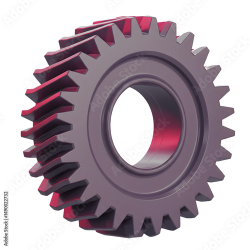Close-up of a metallic gear, showcasing intricate details and a rich color palette. 3D icon, plastic illustration style on transparent or white background