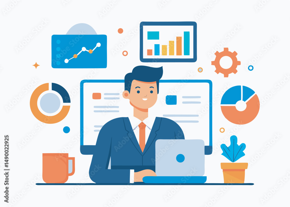 A character analysis data on computer concept. Data analysis vector illustration editable object on white background
