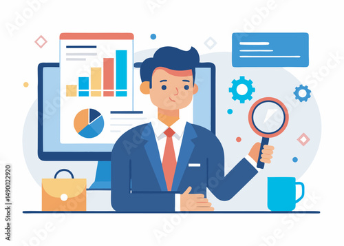 A character analysis data on computer concept. Data analysis vector illustration editable object on white background
