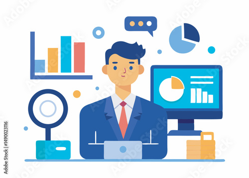 A character analysis data on computer concept. Data analysis vector illustration editable object on white background
