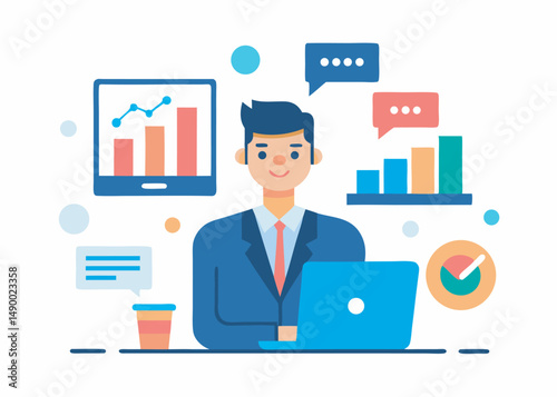 A character analysis data on computer concept. Data analysis vector illustration editable object on white background
