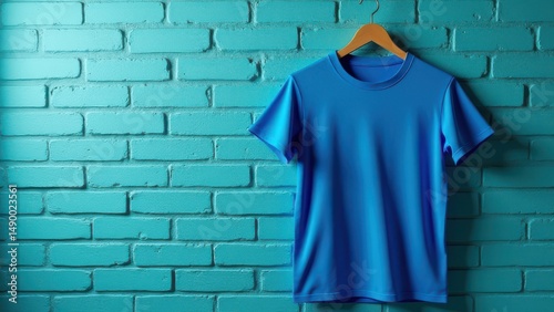 Blue t-shirt mockup on hanger against teal brick wall for product display and advertising presentation template concept