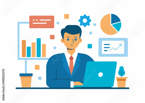 A character analysis data on computer concept. Data analysis vector illustration editable object on white background
