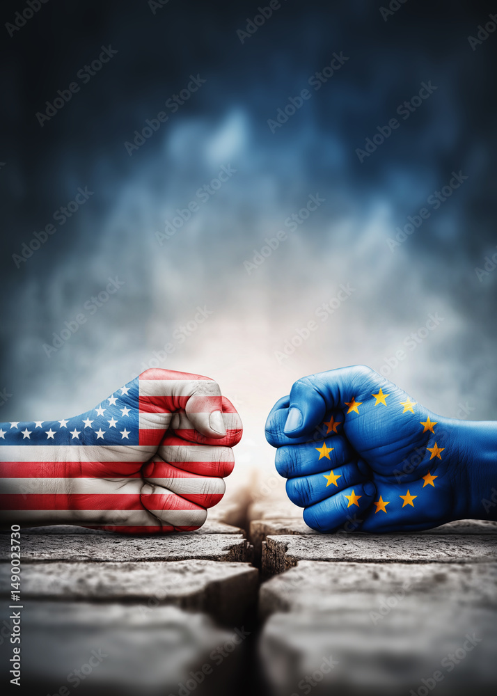 Fototapeta premium Usa and eu boxing gloves colliding, symbolizing international conflict. Poster with copy space.