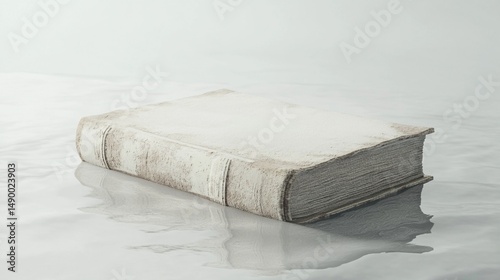 An aged, off-white book with worn leather binding rests on a glossy, light-colored surface, partially reflecting in a shallow pool of liquid.  The book's spine
