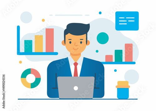 A character analysis data on computer concept. Data analysis vector illustration editable object on white background

