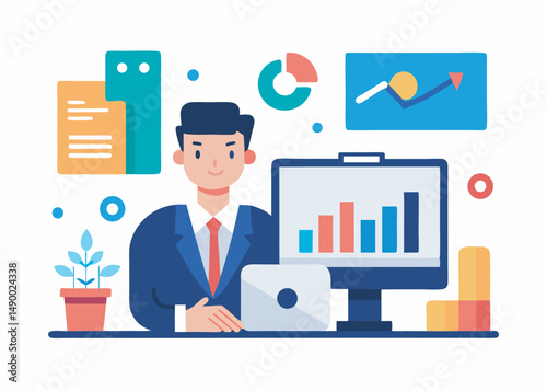A character analysis data on computer concept. Data analysis vector illustration editable object on white background
