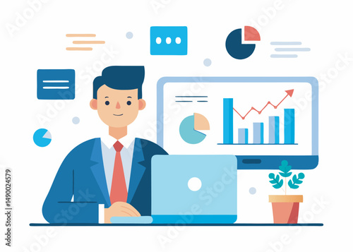 A character analysis data on computer concept. Data analysis vector illustration editable object on white background
