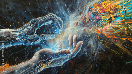 Digital artwork of human and AI collaboration through symbolic hand connection generating explosive creativity. Visual metaphor of technological consciousness merging with human inspiration