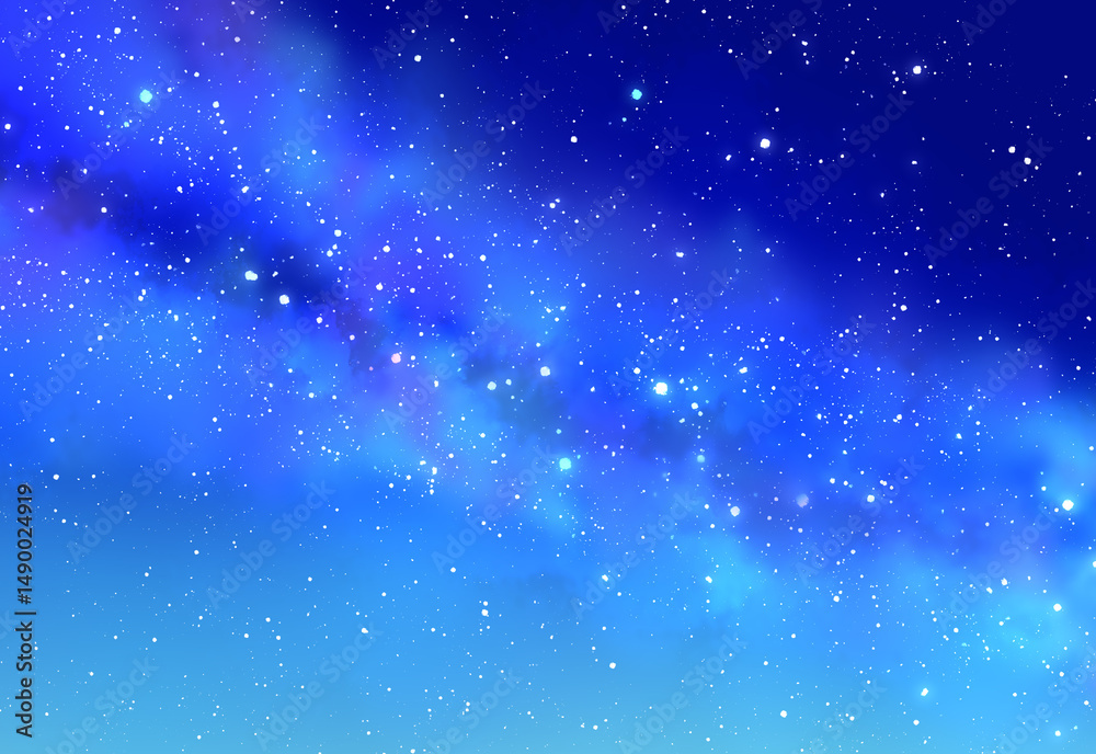 Fototapeta premium キラキラと輝く星空 背景イラスト 青 天の川 夜空